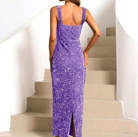 New Glam Sequin Stretch Velvet Long Midi Dress Purple - Picture 5 of 10
